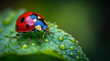 Fototapeta premium Close-up of a Ladybug on Leaf with Water Droplets