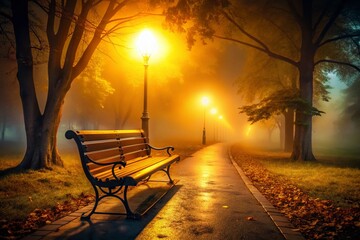 Lonely Foggy Night Park Bench - Atmospheric Streetlight Glow