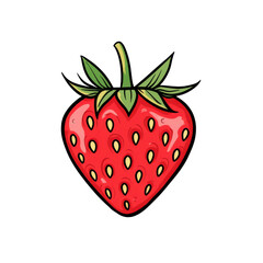 A vibrant, cartoon-style illustration of a fresh red strawberry with green leaves., transparent background.