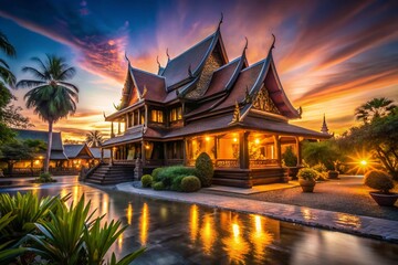 Obraz premium Long Exposure: Serene Thai House at Dusk, Vibrant Colors, Peaceful Scene