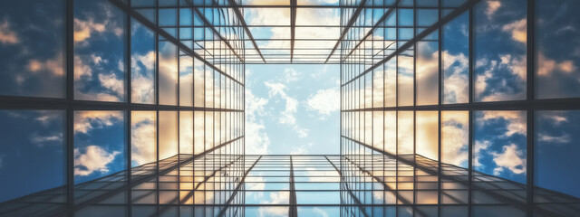 Looking up at the city office building, with blue curtain wall glass