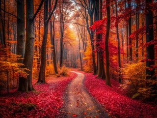 Fototapeta premium Long Exposure Crimson Forest Path - Mystical Autumn Woodscape