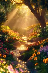 Beautiful colorful wild flowers in deep foggy forest with sun light in Spring.
