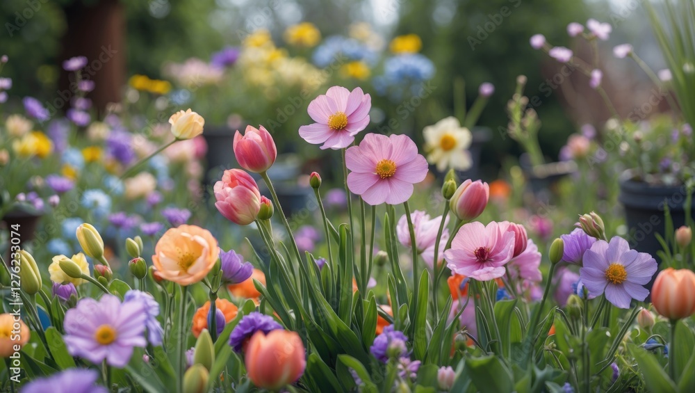 Poster vibrant close-up of colorful flowers in a garden with soft background and space for text overlay