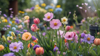 Obraz premium Vibrant Close-Up of Colorful Flowers in a Garden with Soft Background and Space for Text Overlay