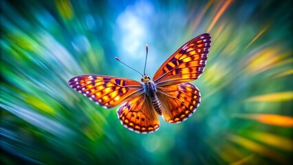 Long Exposure Photography of a Metalmark Butterfly in Flight, Vibrant Wings, Blurry Background