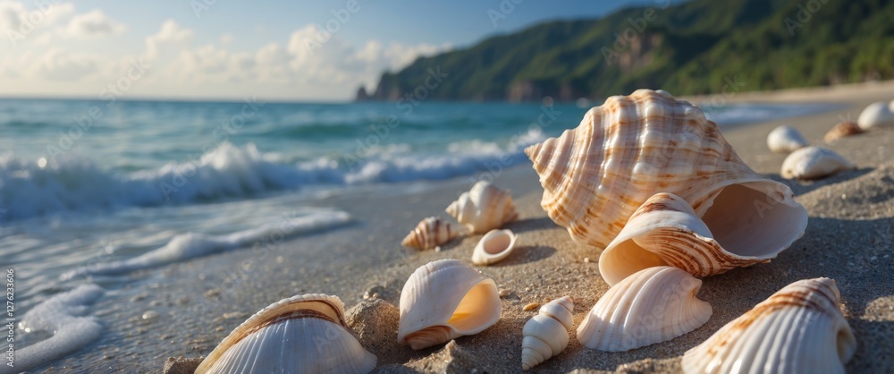 Poster seashells on a sandy beach with gentle ocean waves and green hills in the background creating a sere