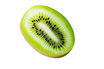 Fresh and juicy kiwi slice showcasing vibrant green color and unique texture., transparent background.