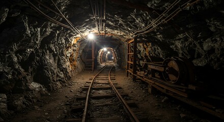 Naklejka premium Exploring a Dark and Mysterious Mine Shaft with Rusty Railroad Tracks