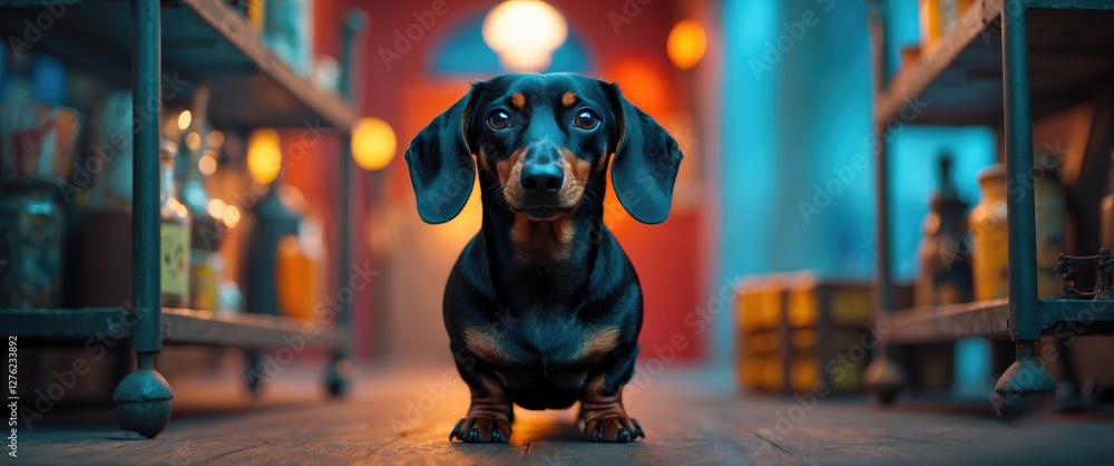 Aufkleber dachshund dog with shiny black coat attentively following commands in a vibrant space with empty are