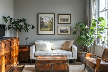 A modern minimalist interior design of a living room with furniture. Generative AI
