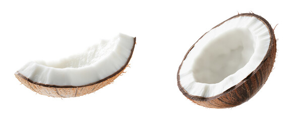 Fresh coconut slices displaying the rich texture and color of the interior fruit., transparent background.
