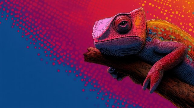 Colorful chameleon perched on branch, vibrant background, digital art, adaptable design