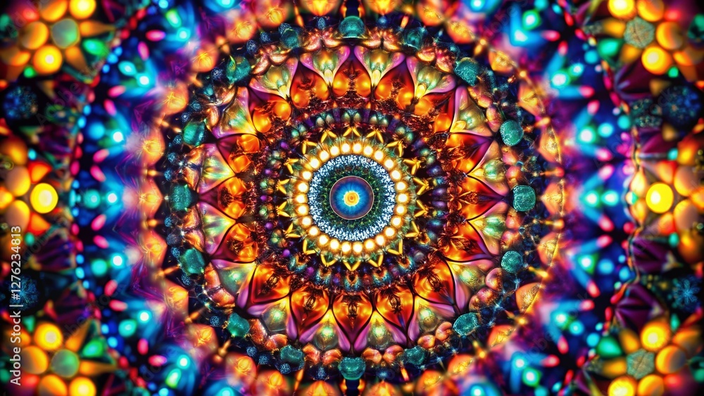 Poster low light kaleidoscope: abstract circular pattern of multicolored rhombuses