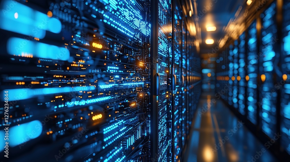 Poster futuristic data center interior with bright led lights and rows of server racks in a high-tech netwo