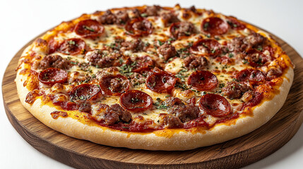 Freshly baked pizza close-up on a wooden board on the table