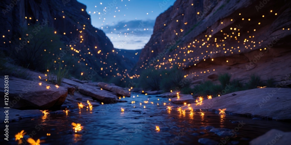 Aufkleber enchanting scene of fireflies dancing above a stream in a rocky canyon at dusk with ample space for 