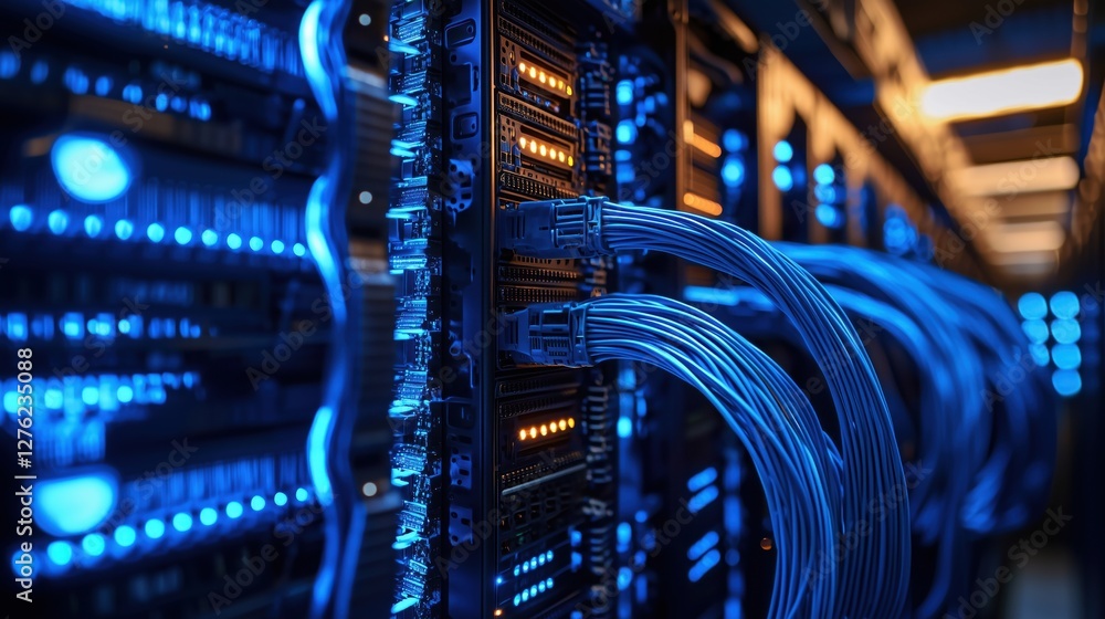 Poster high-tech data center with illuminated server rack and network cables in modern it environment for t