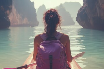 Woman kayaking through serene, limestone cliffs in turquoise water, enjoying a peaceful solo adventure.