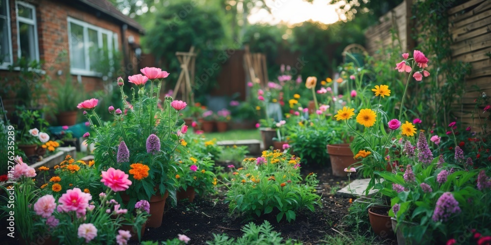 Poster lush colorful flowers bloom in a backyard garden creating a vibrant atmosphere with space for text o