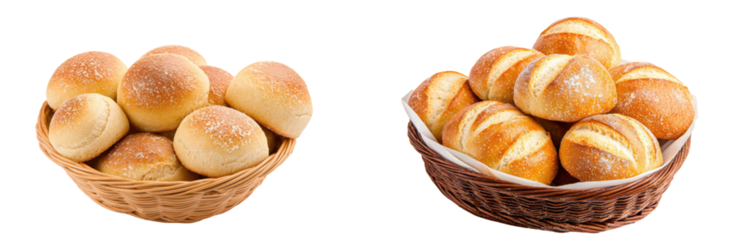 Freshly baked bread rolls in baskets, perfect for meals, gatherings, or culinary displays., transparent background.