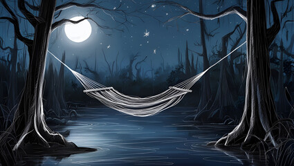Mystical landscape, drawn in sketch technique. Hammock against the backdrop of a night forest lake. The moon is shining.