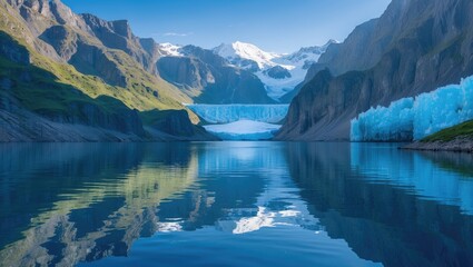 Fototapeta premium Tranquil mountain lake with stunning reflections and glacial backdrop showcasing rocky peaks and serene blue waters.