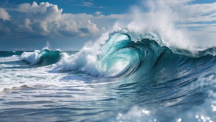 Majestic Ocean Waves Crashing on Shore with Dramatic Sky and Turquoise Tones in Natural Coastal Landscape.