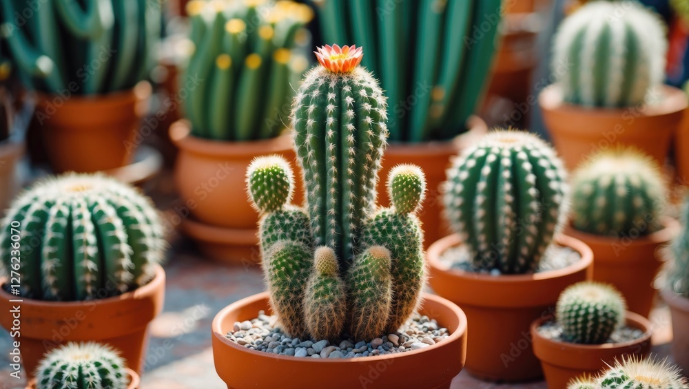 Poster vibrant small cactus with flowers in pot surrounded by greenery and empty space for text ideal for n