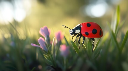 Beautiful cute ladybug with flower in Spring.