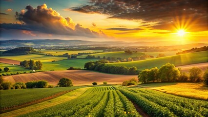 Fototapeta premium Lush Green Agricultural Fields at Sunset - Bokeh Effect Stock Photo