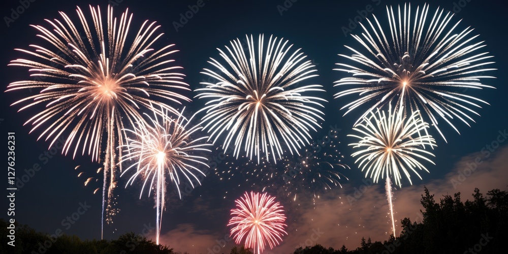 Poster vibrant summer fireworks display against night sky with empty space for text overlay