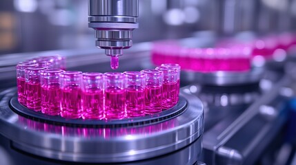 Close-up of Automated Pharmaceutical Filling Process with Pink Liquid in Vials on a Production Line in a Modern Pharmacy Setting