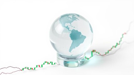 Crystal Earth globe on top of a stock market graph, symbolizing global economy concept, isolated on white background with copy space for textured design, textured, isolated, white background