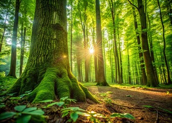 Fototapeta premium Lush Green Forest Landscape, Deep Focus, Detailed Tree Bark Texture