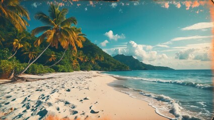 Obraz premium Tropical beach landscape with golden sand, vibrant palm trees, and serene ocean waves under a blue sky creating a picturesque getaway scene.