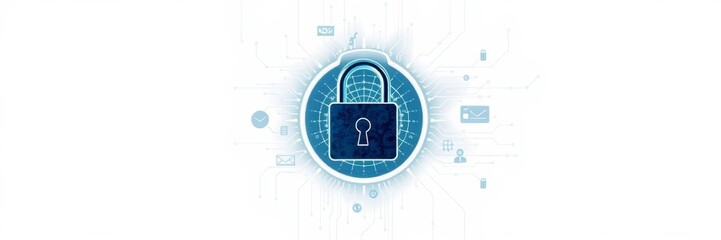 Cyber security concept with padlock and digital technology symbols on white background, protecting business data from cyber attacks, encryption, internet network security, business security, digital