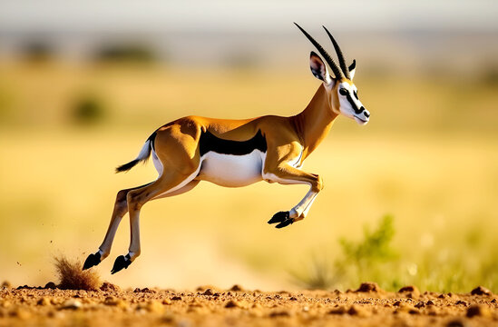 Detailed close-up photo of a graceful springbok jumping in the savannah habitat, graceful, wildlife. Selective focus, blurred background