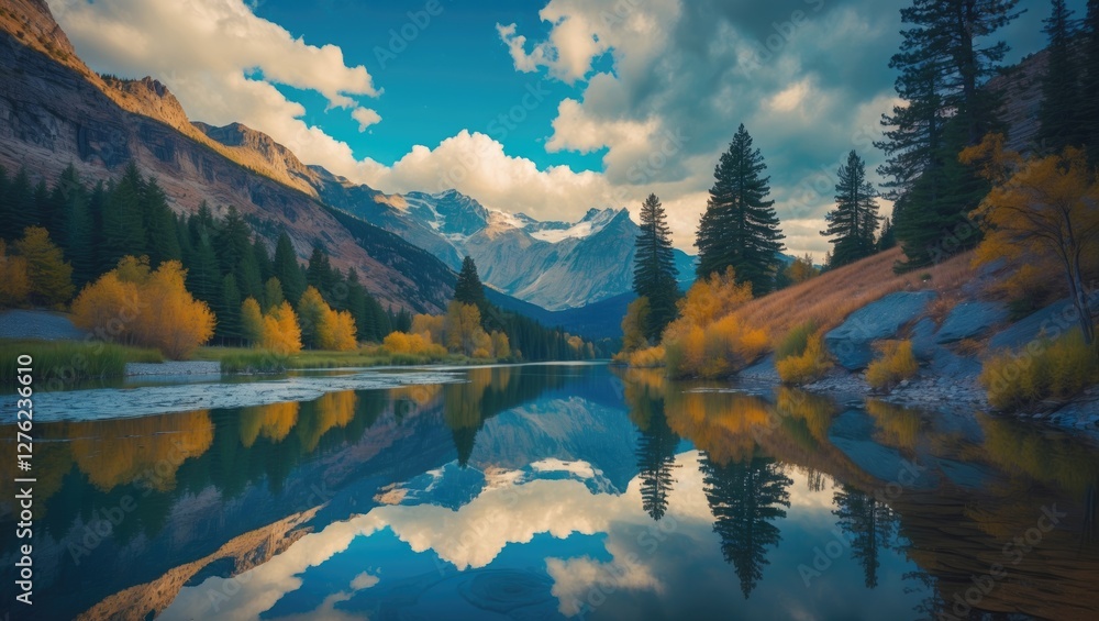 Poster scenic mountain creek with reflections of trees and clouds in calm water surrounded by vibrant autum