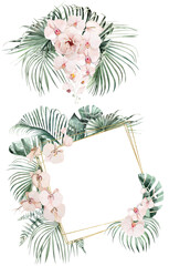 Bouquet and frame with green watercolor tropical leaves and pink orchid flowers, isolated illustration
