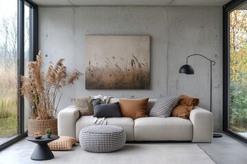 A modern minimalist interior design for a living room with sofa views. Generative AI
