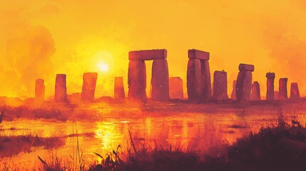 Orange sunset over ancient stone structures reflecting on calm water, pixel art style, warm tones, prehistoric monument.