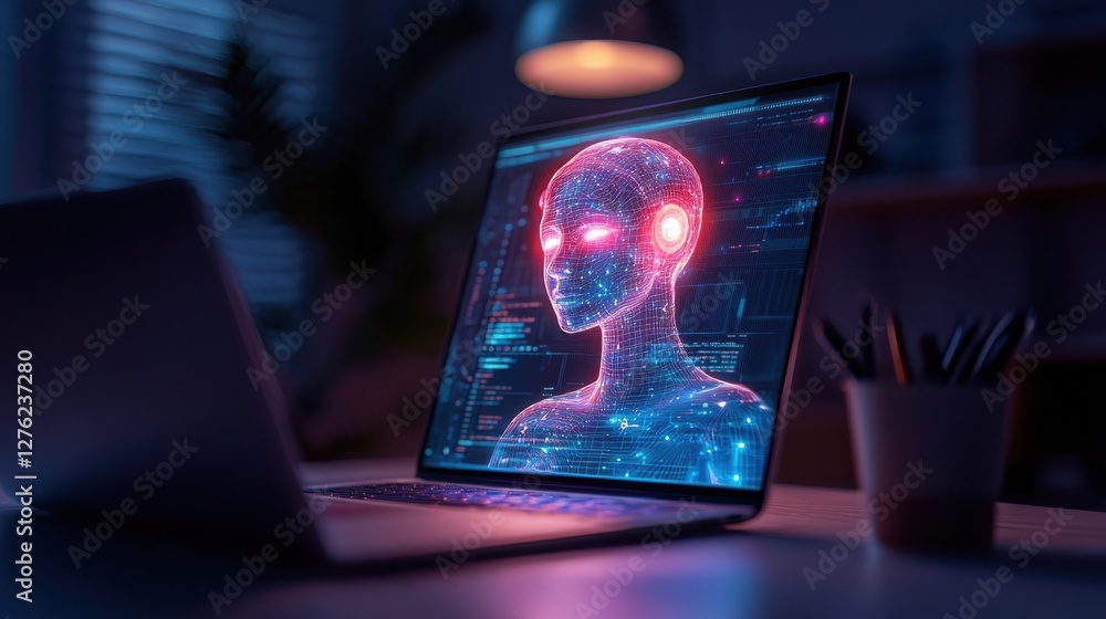 Poster a glowing digital head is displayed on a laptop screen in a dimly lit room. a second laptop is visib