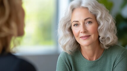 Thoughtful Mature Woman in Green Sweater, Close up Portrait