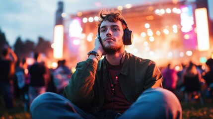 Social media rumors affecting a man at a music concert. Featuring distraction and concern