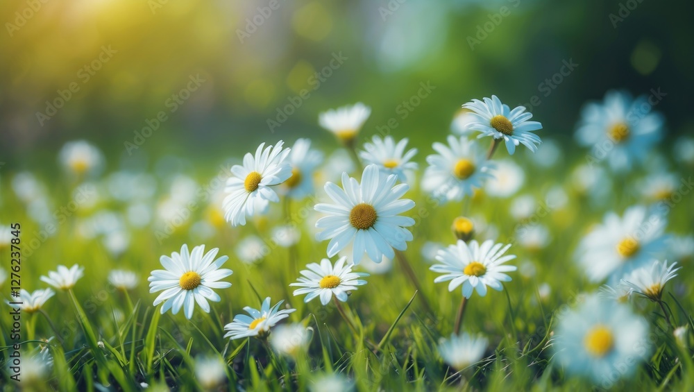 Poster daisy flowers blooming on meadow with soft blurred background and empty space ideal for text overlay