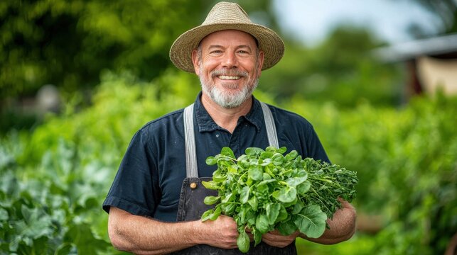 Happy mature man with gray beard smiles, holding freshly harvested leafy greens in his garden. He wears a straw hat and dark apron.  Bright sunlight illuminates the scene.