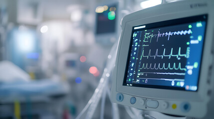 Fototapeta premium Hospital Intensive Care Unit Medical Equipment Displaying Vital Signs Patient Monitoring Technology