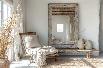 A modern minimalist interior design of a residential living room with a comfortable armchair view. Generative AI
