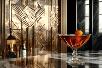 Elegant crystal glass with a cocktail and cherry, resting on a marble bar countertop in front of a gold art deco backdrop